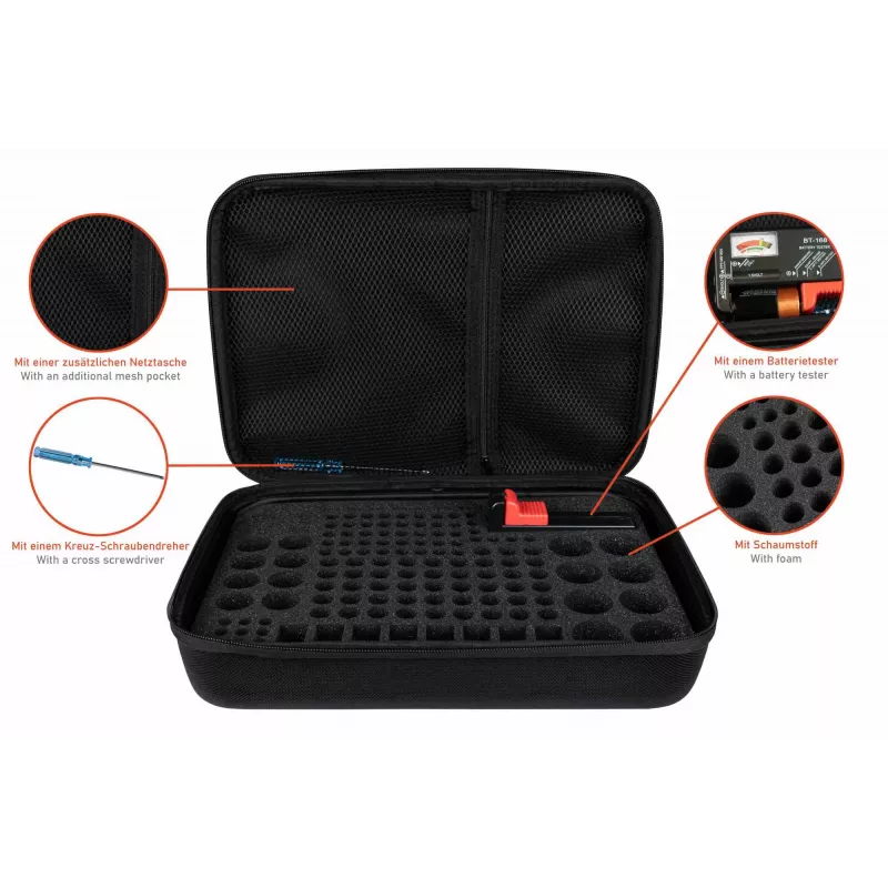 Kabelmeister caja de almacenamiento de pilas con probador integrado para AA, AAA, C, D, 9V y botón - negra