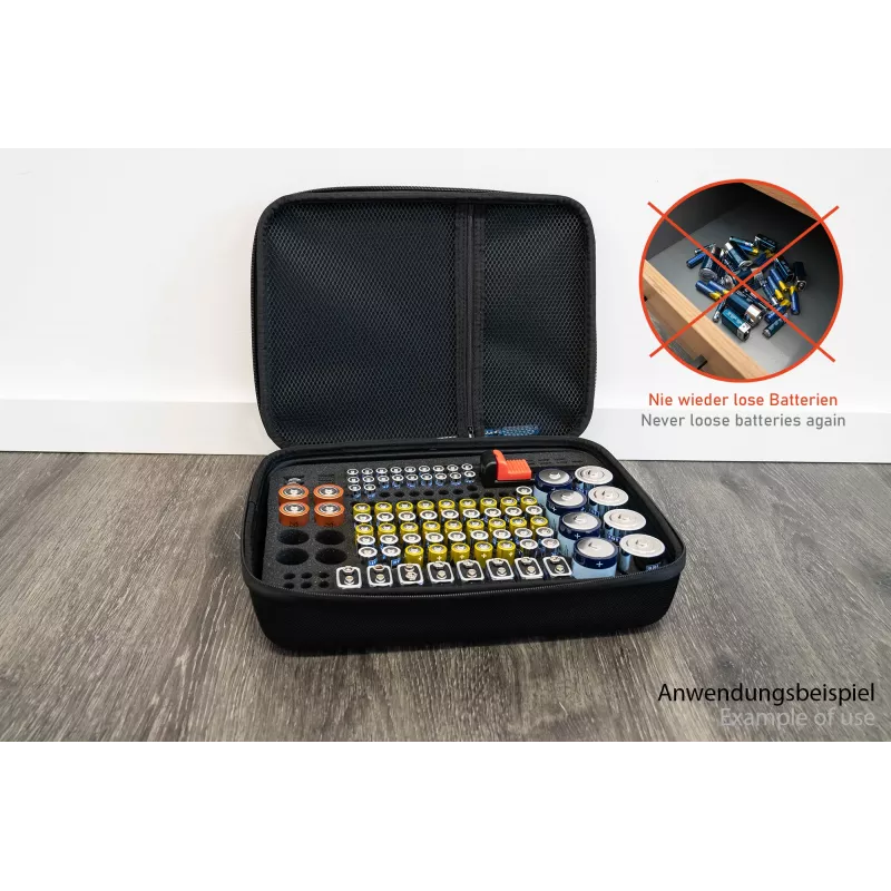 Kabelmeister caja de almacenamiento de pilas con probador integrado para AA, AAA, C, D, 9V y botón - negra