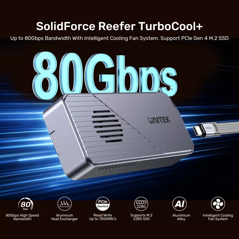 UNITEK Carcasa para SSD M.2 NVMe USB4 con refrigeración activa, 80Gbps, sin herramientas, aluminio, USB-C