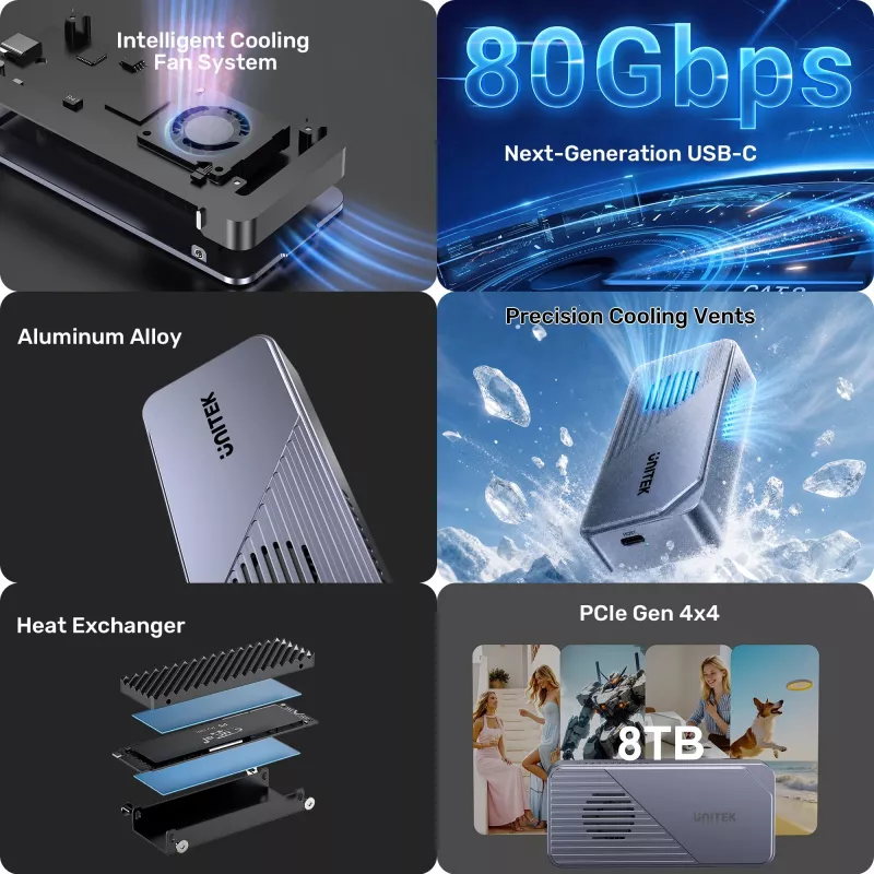 UNITEK Carcasa para SSD M.2 NVMe USB4 con refrigeración activa, 80Gbps, sin herramientas, aluminio, USB-C
