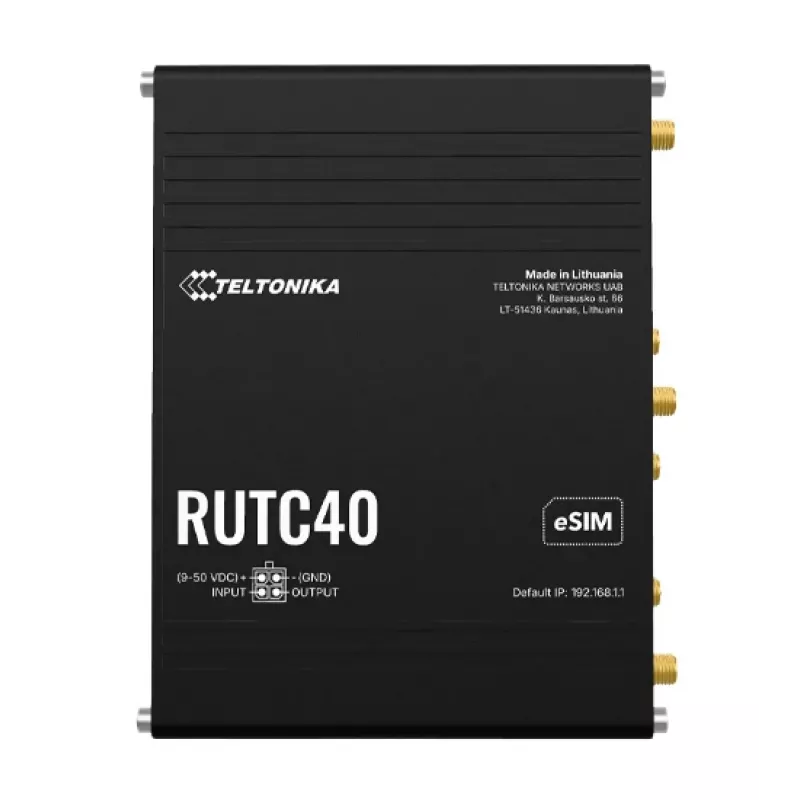 Router industrial Teltonika Networks RUTC40 4G LTE Cat 6 Wi-Fi 5 dual band Gigabit con doble SIM, GNSS, fuente de alimentación UK