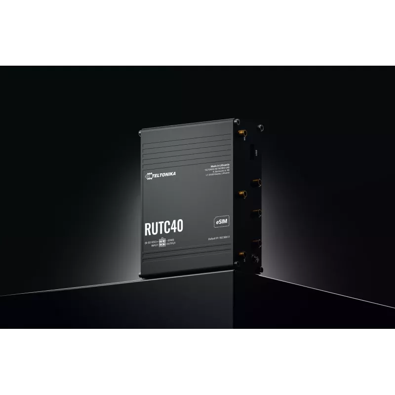 Router industrial Teltonika Networks RUTC40 4G LTE Cat 6 Wi-Fi 5 dual band Gigabit con doble SIM, GNSS, fuente de alimentación UK
