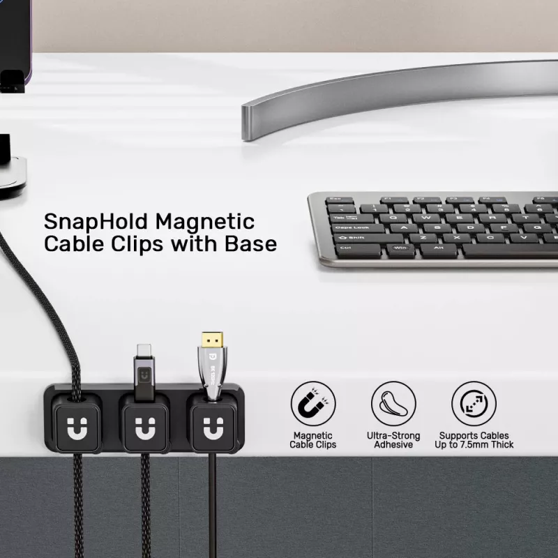 UNITEK SnapHold Organizador de cables magnético para escritorio (set de 3+1), Negro