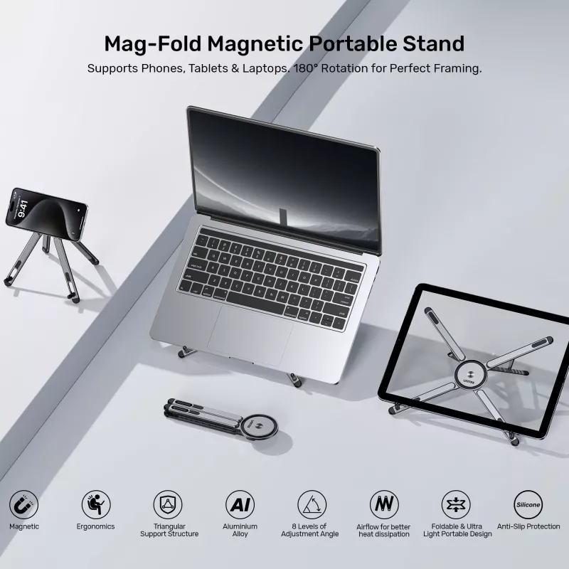 UNITEK Mag-Fold soporte magnético plegable para teléfono, tablet y portátil con función de trípode, Space Grey