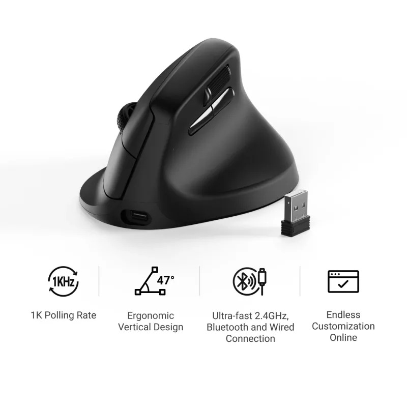 Keychron M5-A29 Ratón gaming inalámbrico ergonómico vertical PixArt 3311 1K negro