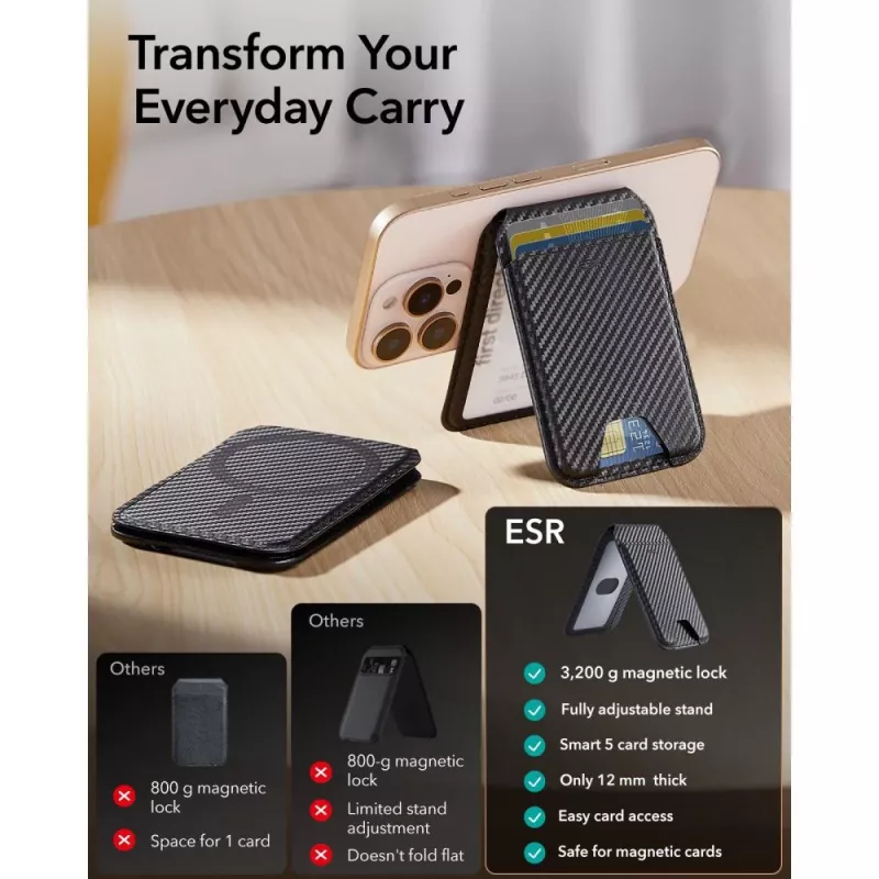 ESR Classic RFID Soporte de cartera magnética con MagSafe, fibra de carbono Negro