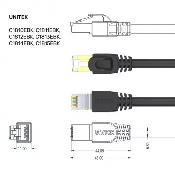 UNITEK Cable de red Cat.7 S/FTP 2,0 m, 10 Gbit/s, 600 MHz, conectores RJ45 dorados, Negro