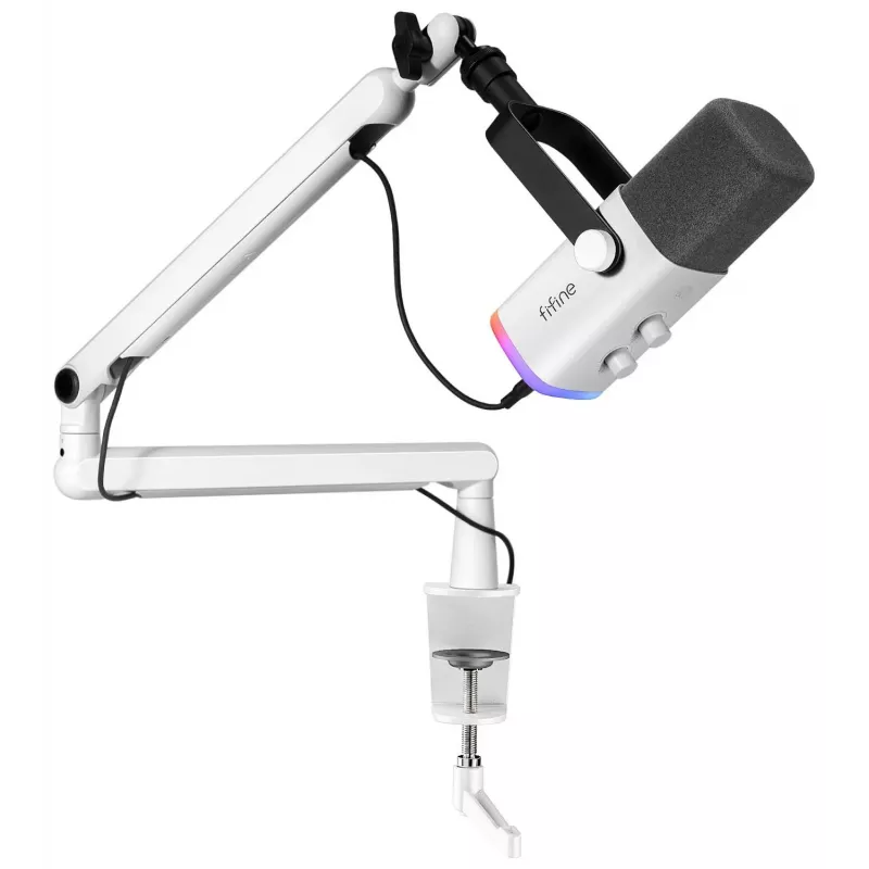 FIFINE TAM8W micrófono dinámico XLR/USB para podcast con brazo articulado, blanco