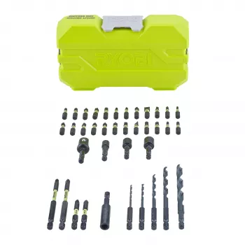 Juego de brocas y puntas RYOBI de 38 piezas con brocas HSS, para piedra y madera, y puntas de acero S2 en maletín