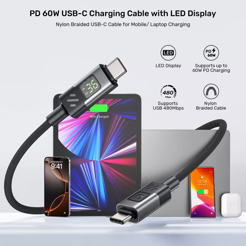 Cable UNITEK USB-C a USB-C con indicador LED de potencia 60W PD 480Mbps 1m trenzado Negro
