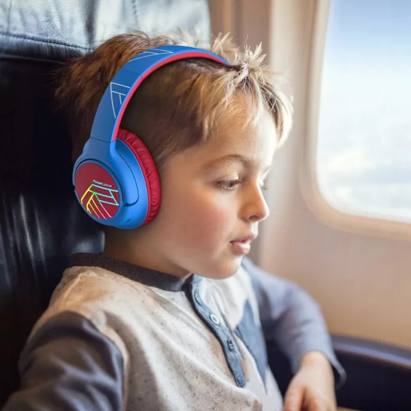 PowerLocus Bobo Kids auriculares inalámbricos, LED, AUX, azul/rojo