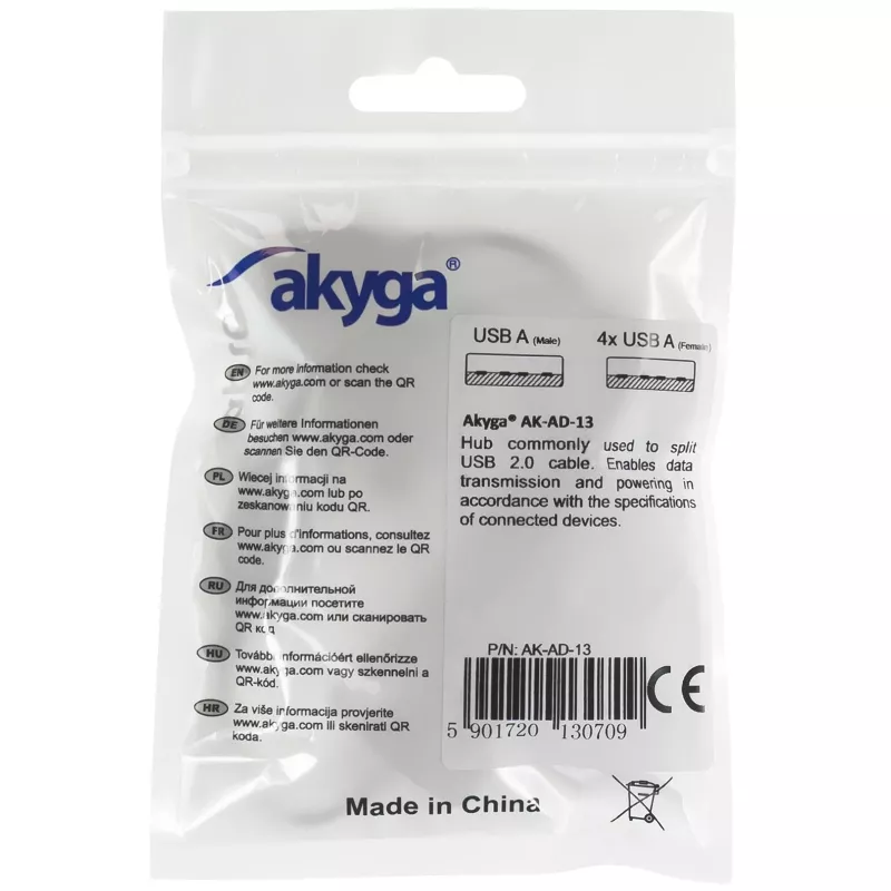AKYGA AK-AD-13 hub USB 2.0 de 4 puertos, negro