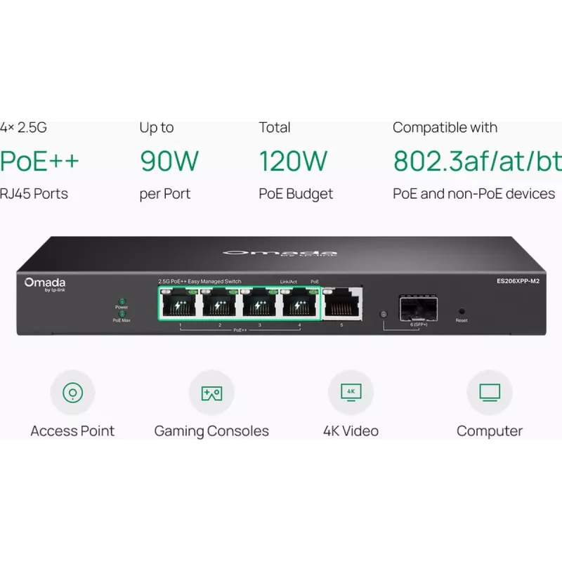 TP-Link Omada Easy Managed switch 5 puertos 2.5G PoE++ con uplink 10G SFP+ (ES206XPP-M2)