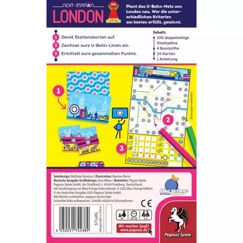 PEGASUS Next Station London – juego de mesa Flip-and-Write, 1–4 jugadores, a partir de 8 años
