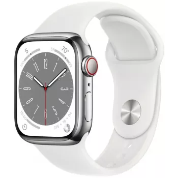Apple Watch Series 8 GPS + Cellular 41mm caja de acero inoxidable con correa Sport Band, plata/blanco (MNJ53EL/A)