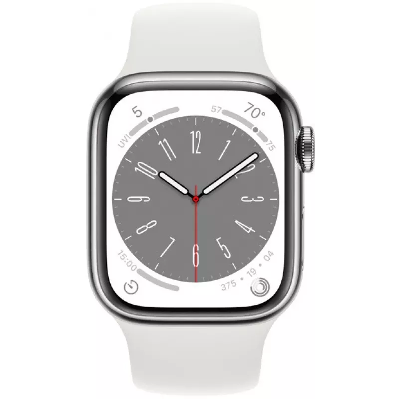 Apple Watch Series 8 GPS + Cellular 41mm caja de acero inoxidable con correa Sport Band, plata/blanco (MNJ53EL/A)
