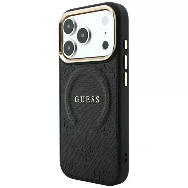 GUESS Saffiano Peony & Ring funda MagSafe para iPhone 18 Pro / 17 Pro - negro