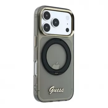 Guess IML Ring Stand 360 Script Metal Logo Funda MagSafe para iPhone 17 Pro / 18 Pro - Negro