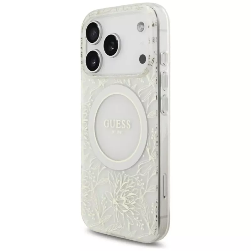 GUESS IML Flowers Allover Electroplated Funda MagSafe con correa de perlas para iPhone 18 Pro / 17 Pro - Blanco