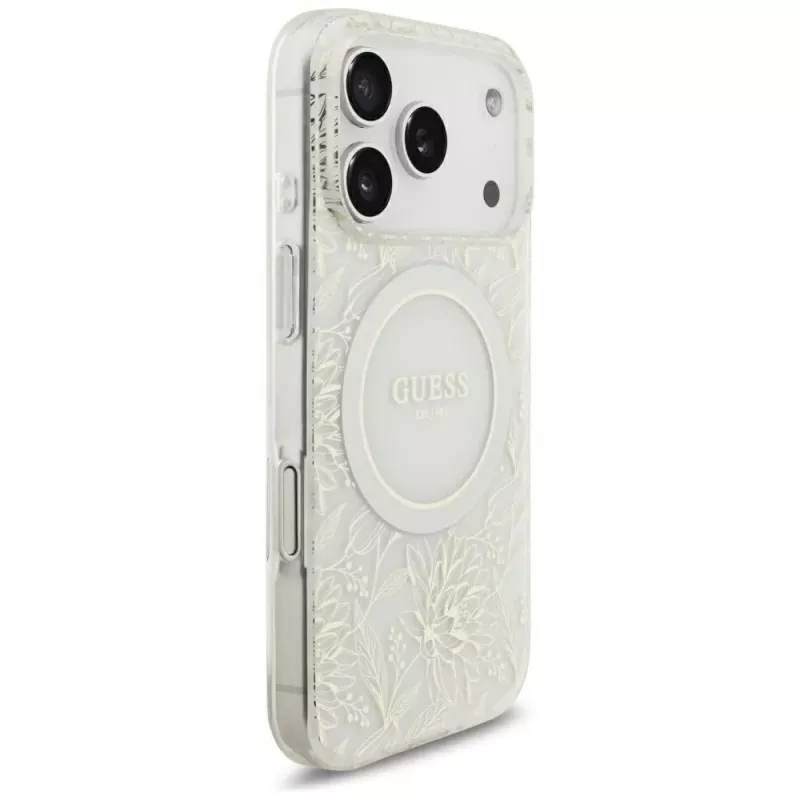 GUESS IML Flowers Allover Electroplated Funda MagSafe con correa de perlas para iPhone 18 Pro / 17 Pro - Blanco