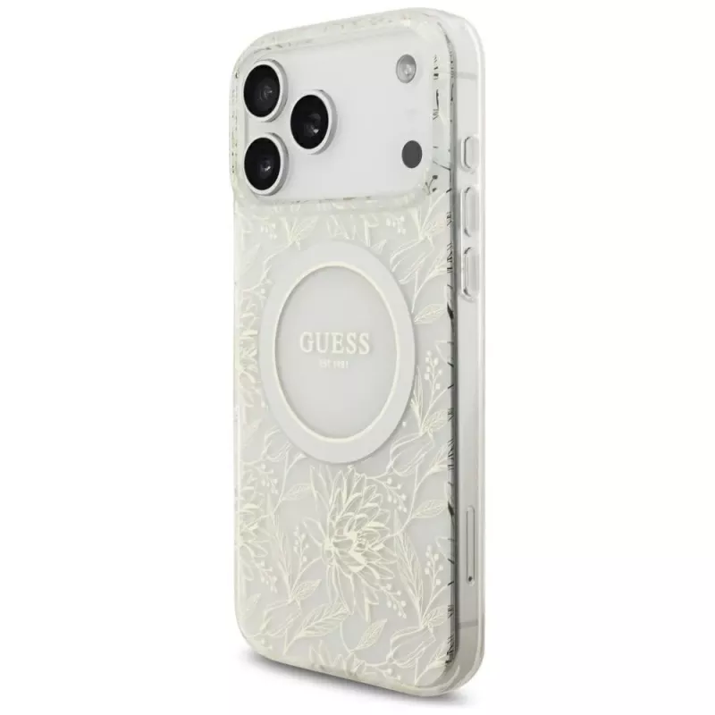 GUESS IML Flowers Allover Electroplated Funda con pulsera de perlas MagSafe para iPhone 18 Pro Max / 17 Pro Max Blanco