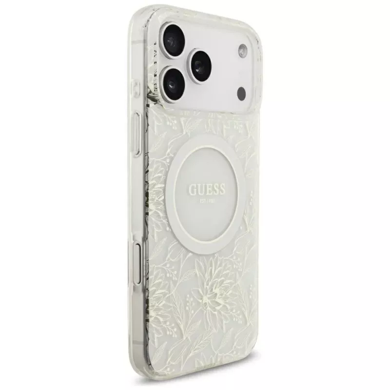 GUESS IML Flowers Allover Electroplated Funda con pulsera de perlas MagSafe para iPhone 18 Pro Max / 17 Pro Max Blanco