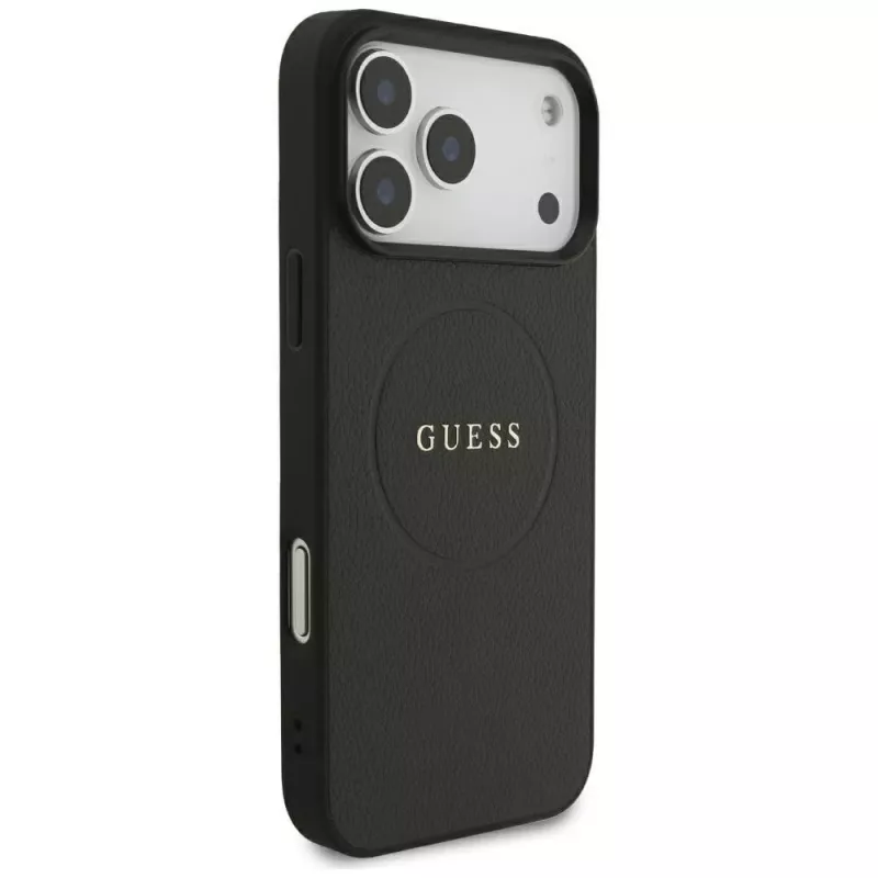 Guess Grained Gold Ring Funda MagSafe para Apple iPhone 18 Pro Max / 17 Pro Max, Negro