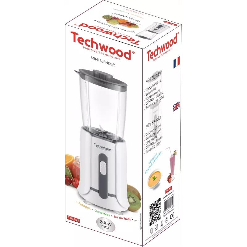 Techwood TBL-201 Batidora de mesa 1,5L, 300W, cuchillas de acero inoxidable, trituración de hielo, Blanco