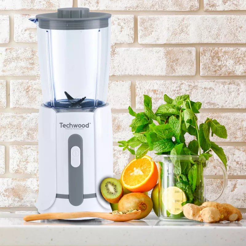 Techwood TBL-201 Batidora de mesa 1,5L, 300W, cuchillas de acero inoxidable, trituración de hielo, Blanco
