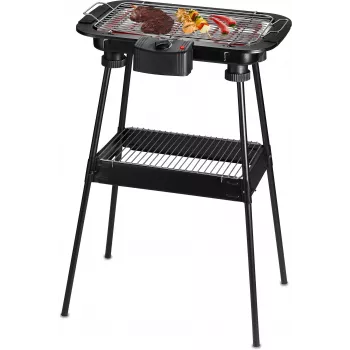 Techwood TBQ-836P Grill eléctrico con soporte, 2000W, parrilla cromada de 36,5 cm, Negro