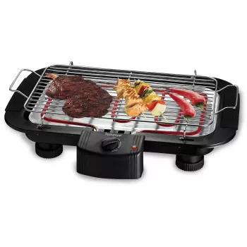 Techwood TBQ-836P Grill eléctrico con soporte, 2000W, parrilla cromada de 36,5 cm, Negro