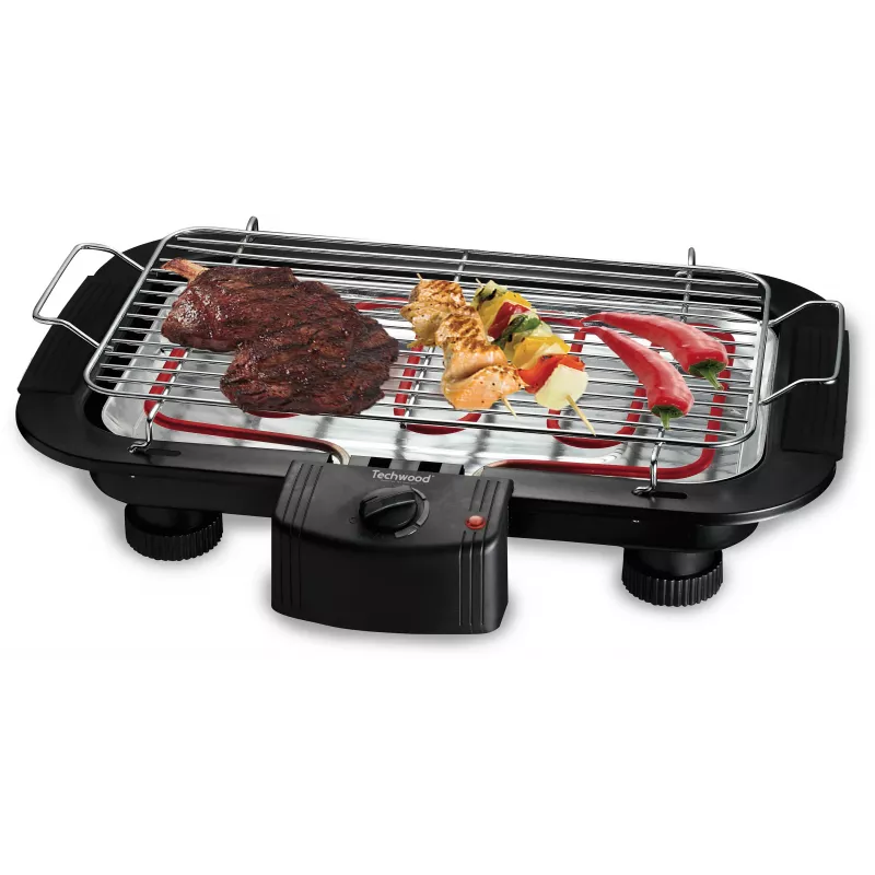 Techwood TBQ-836P Grill eléctrico con soporte, 2000W, parrilla cromada de 36,5 cm, Negro