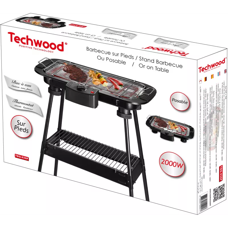 Techwood TBQ-836P Grill eléctrico con soporte, 2000W, parrilla cromada de 36,5 cm, Negro
