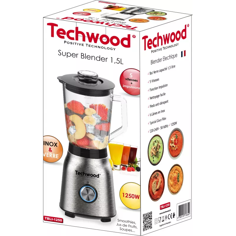Batidora de mesa Techwood TBLI-1250 1200 W 1,5 L jarra de cristal negro/plata