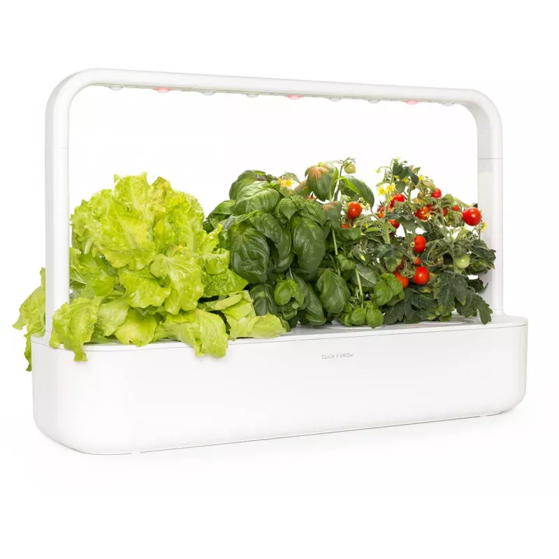 Click & Grow Smart Garden 9 huerto de interior de hierbas y verduras con lámparas de crecimiento LED, autorriego, 9 cápsulas de plantas, blanco