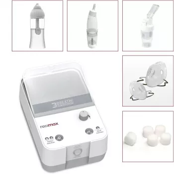 Rossmax NK1000 nebulizador de compresor de pistón 3 en 1 con irrigador nasal y aspirador, tamaño de partícula 2,5 μm, dosis de partículas finas >80 %, tasa de nebulización 0,35 ml/min, vaso de medicamento 5 ml, capacidad de irrigación nasal 10 ml, ruido <60 dB, funcionamiento continuo, adultos y niños