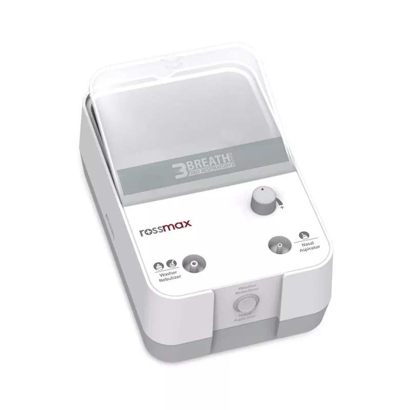 Rossmax NK1000 nebulizador de compresor de pistón 3 en 1 con irrigador nasal y aspirador, tamaño de partícula 2,5 μm, dosis de partículas finas >80 %, tasa de nebulización 0,35 ml/min, vaso de medicamento 5 ml, capacidad de irrigación nasal 10 ml, ruido <60 dB, funcionamiento continuo, adultos y niños