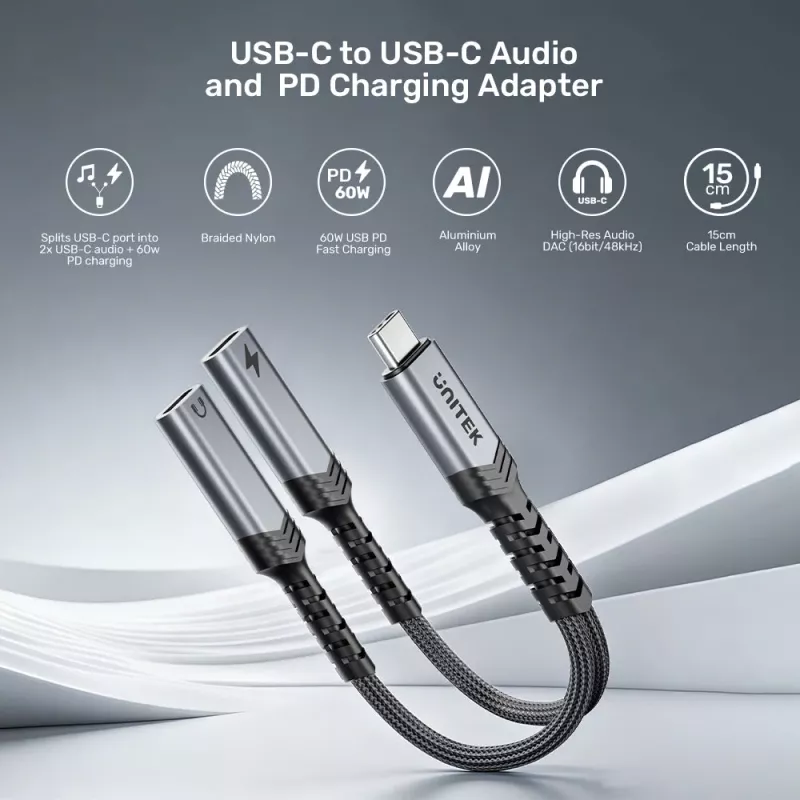 Unitek adaptador de audio y carga USB-C con Power Delivery 60W, 15 cm, Space Grey