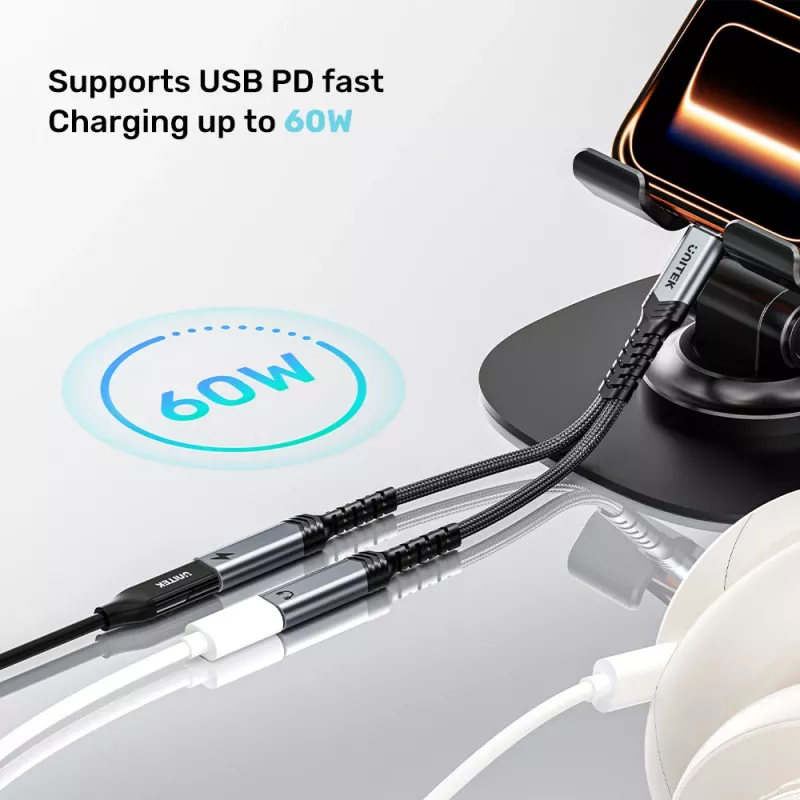 Unitek adaptador de audio y carga USB-C con Power Delivery 60W, 15 cm, Space Grey