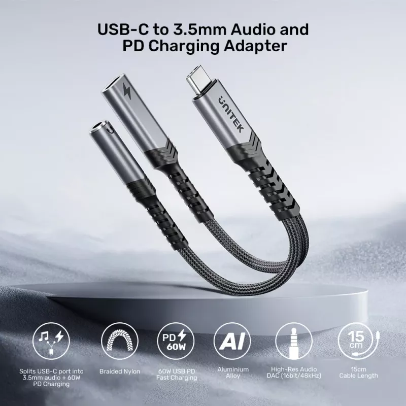 UNITEK Adaptador de audio de USB-C a 3,5 mm con PD