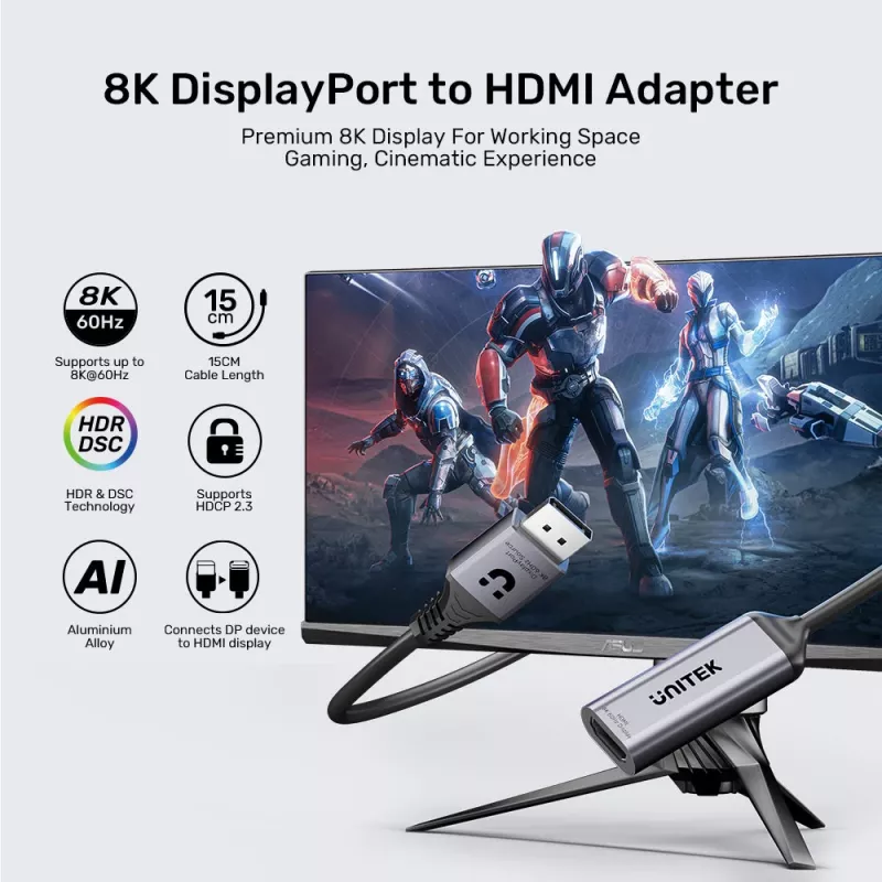 UNITEK adaptador DisplayPort a HDMI 2.1 8K@60Hz HDR 48Gbps 15cm