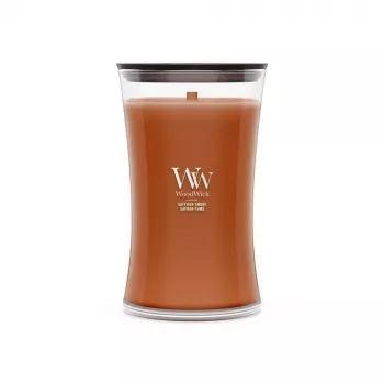 Vela aromática WoodWick Saffron Smoke vaso reloj de arena grande 609,5 g