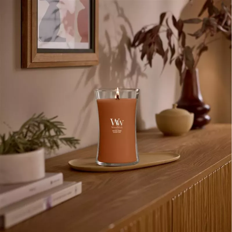 Vela aromática WoodWick Saffron Smoke vaso reloj de arena grande 609,5 g