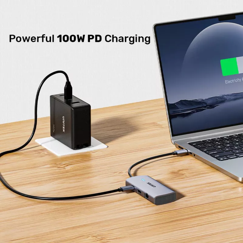 UNITEK hub multipuerto USB-C 6 en 1 | 3x USB-A 5Gbps | PD 100W | HDMI 4K@30Hz | RJ45 Gigabit Ethernet | Space Grey