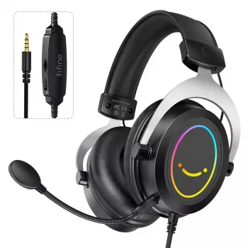FIFINE H3 AmpliGame RGB Auriculares gaming over-ear con cable y micrófono desmontable, drivers de 50 mm, USB-A, Negro