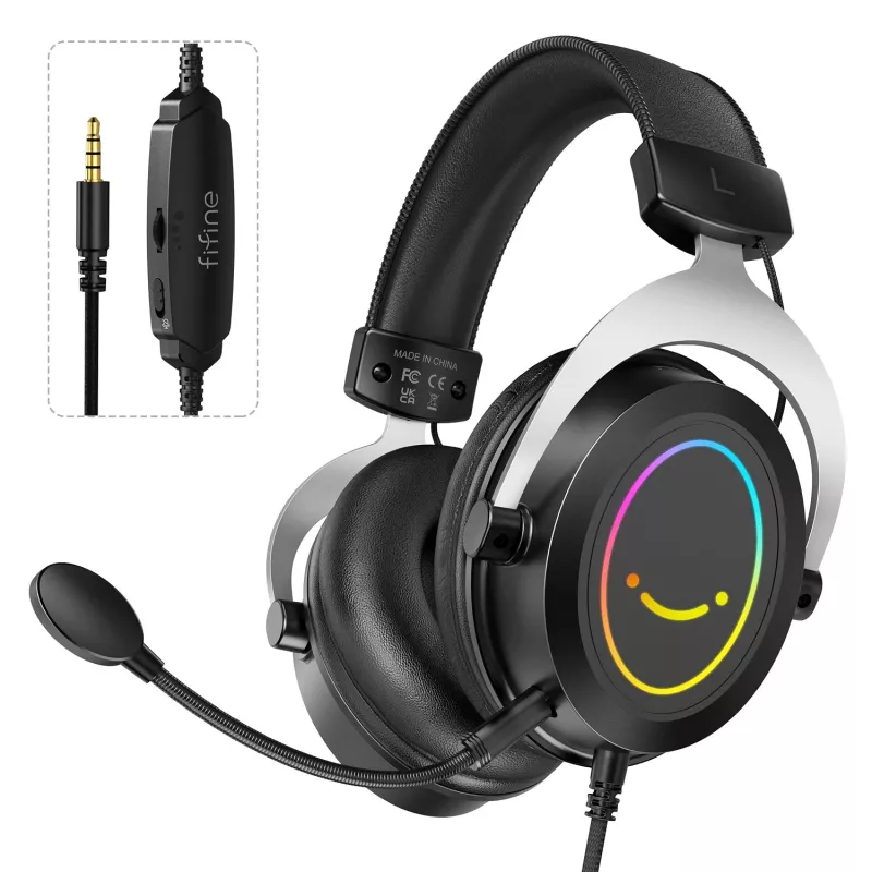 FIFINE H3 AmpliGame RGB Auriculares gaming over-ear con cable y micrófono desmontable, drivers de 50 mm, USB-A, Negro