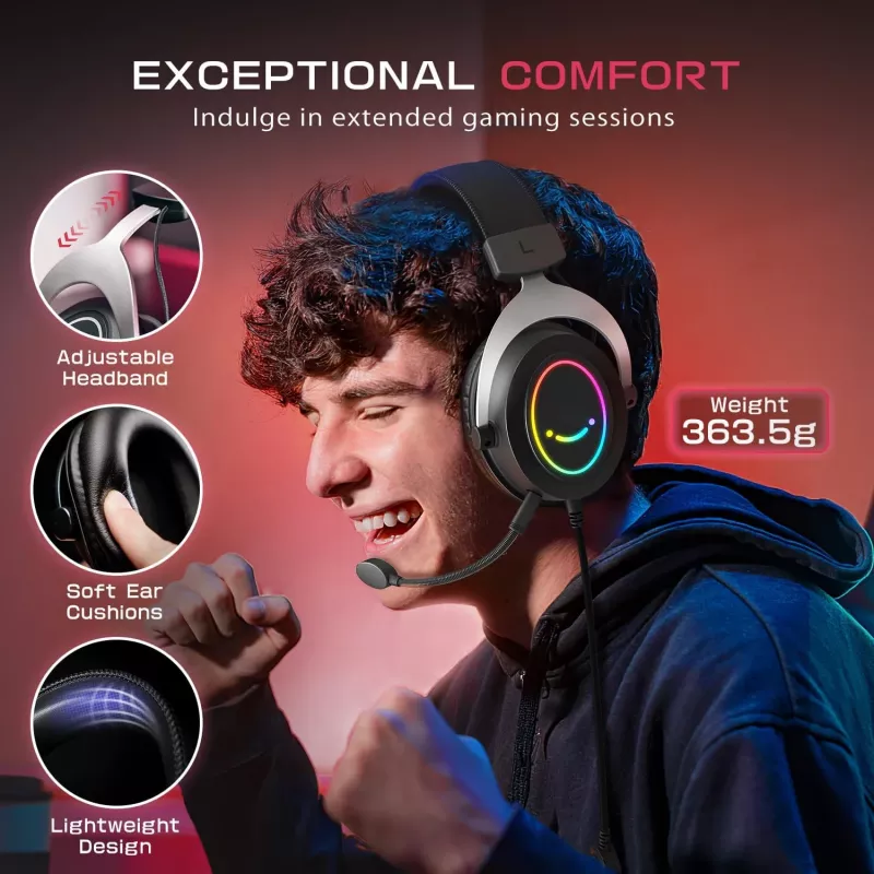 FIFINE H3 AmpliGame RGB Auriculares gaming over-ear con cable y micrófono desmontable, drivers de 50 mm, USB-A, Negro
