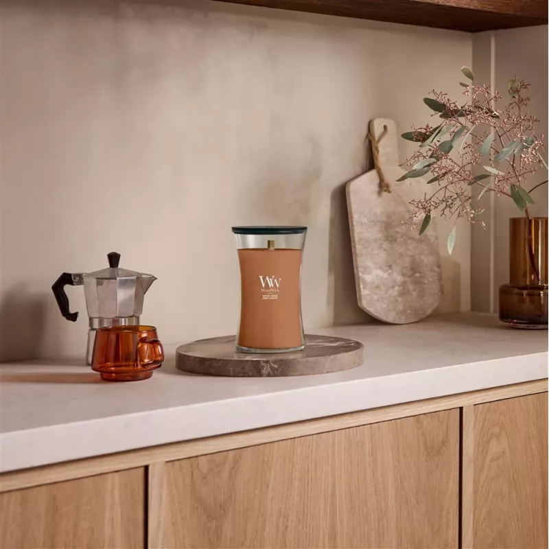 WoodWick Radiant Amber vela aromática 609,5g con mecha de madera, hasta 180 horas de duración, recipiente de cristal reloj de arena