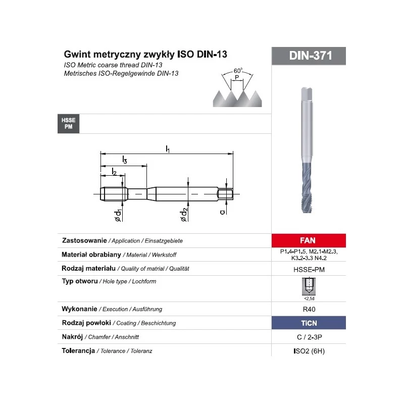 Machuelo M10 DIN-371C R40 (6H) HSSE-PM TiCN FAN machuelo de máquina