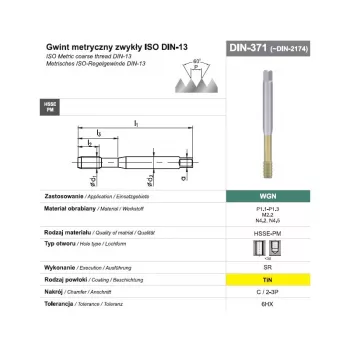 Machuelo de roscar M10 DIN 371C (6HX) SR HSSE-PM WGN TiN